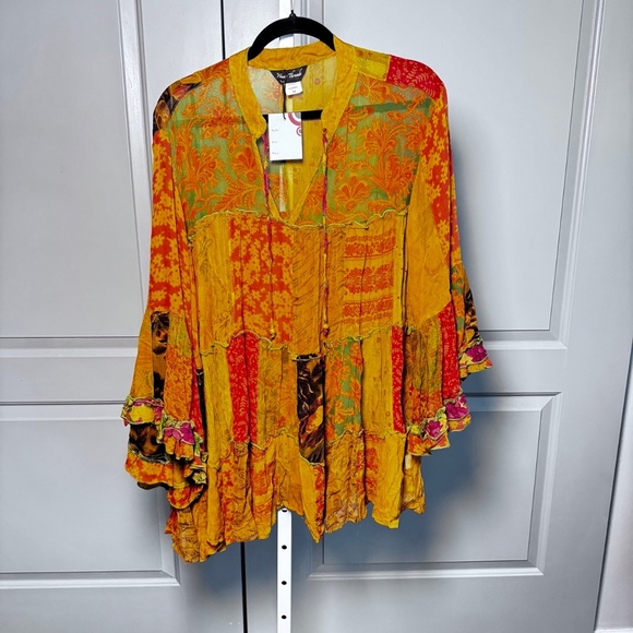 44335 YOUNG THREADS Overdyed Band Collar Jhabla Patchwork Top Camel SZ M - Picture 1 of 5